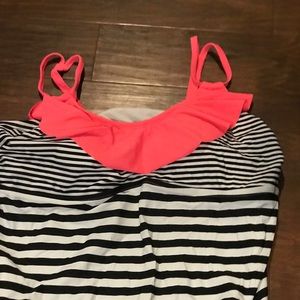 Black and white stripe bathing suit.